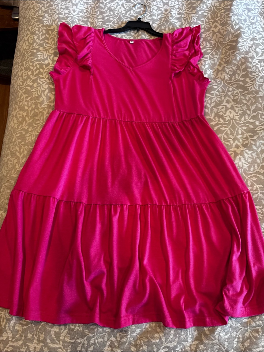 Ruffle-Sleeve Tiered Dress - Hot Pink-V neck